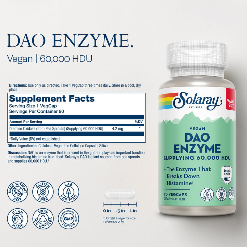 SOLARAY DAO Enzyme 60,000 HDU, 90 VegCaps | Histamine Digestion Support - Plant Based DAO Enzyme - Enteric Coated - 90 Servings - Vegan, Lab Verified 90 Count (Pack of 1)