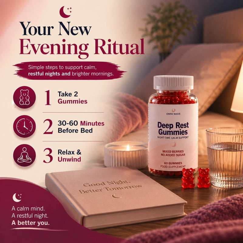 Omni Wave Deep Rest Gummies | Relaxation & Sleep Support with L-Theanine, Magnesium Bisglycinate, Glycine, Lemon Balm, Passion Flower & Chamomile | No Added Sugar Mixed Berries | Vegan | 60 Gummies