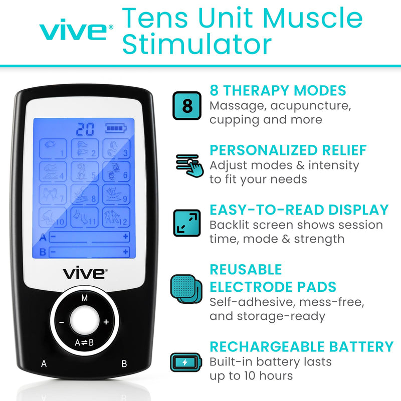 Vive Tens Unit Muscle Stimulator- Stim Machine with Self Sticking | Electrodes Pads, Massager for Upper & Lower Back, Sciatica, Neck Pain Relief, Electric Shock Therapy for Muscles & Pain Black