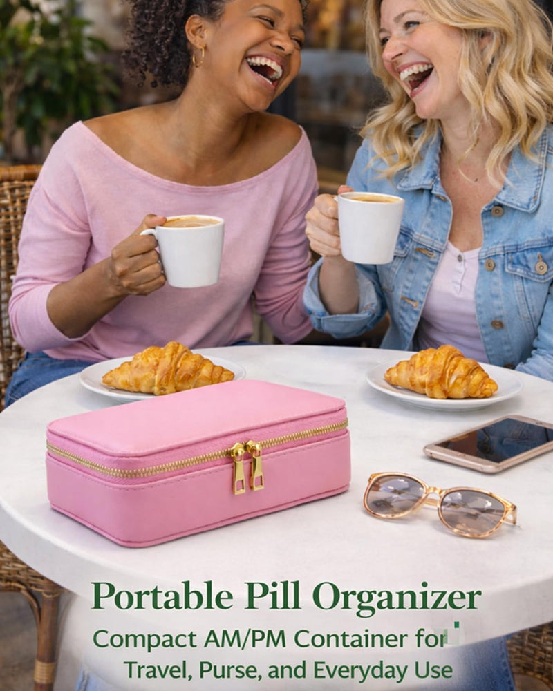 Pill Organizer 2 Times a Day for Travel, PU Leather Pill Case for Women, Portable 7 DayPill Box for Purse with Storage Bag to Hold Vitamins, Medications, Fish Oils, Supplements Light Pink