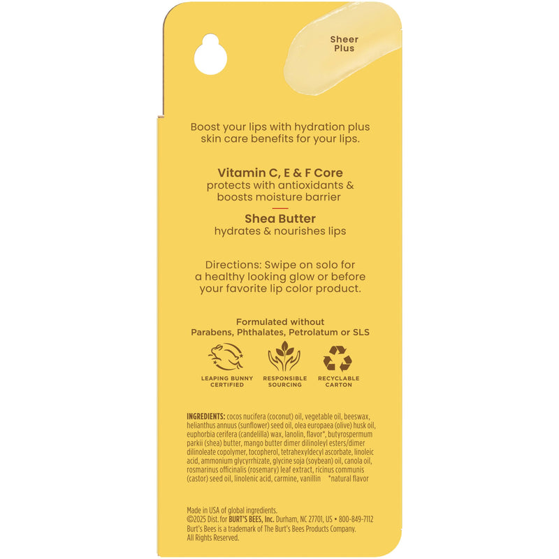 Burt's Bees Boosted Lip Balm Sheer Plus; Vitamin Lip Balm, Nourishing Vitamin C, E, and F Core; 24 Hour Moisture; Tint Free, Semi Glossy Finish; 100% Natural Origin; 1 Tube; 0.16 Oz. 1 Count (Pack of 1)