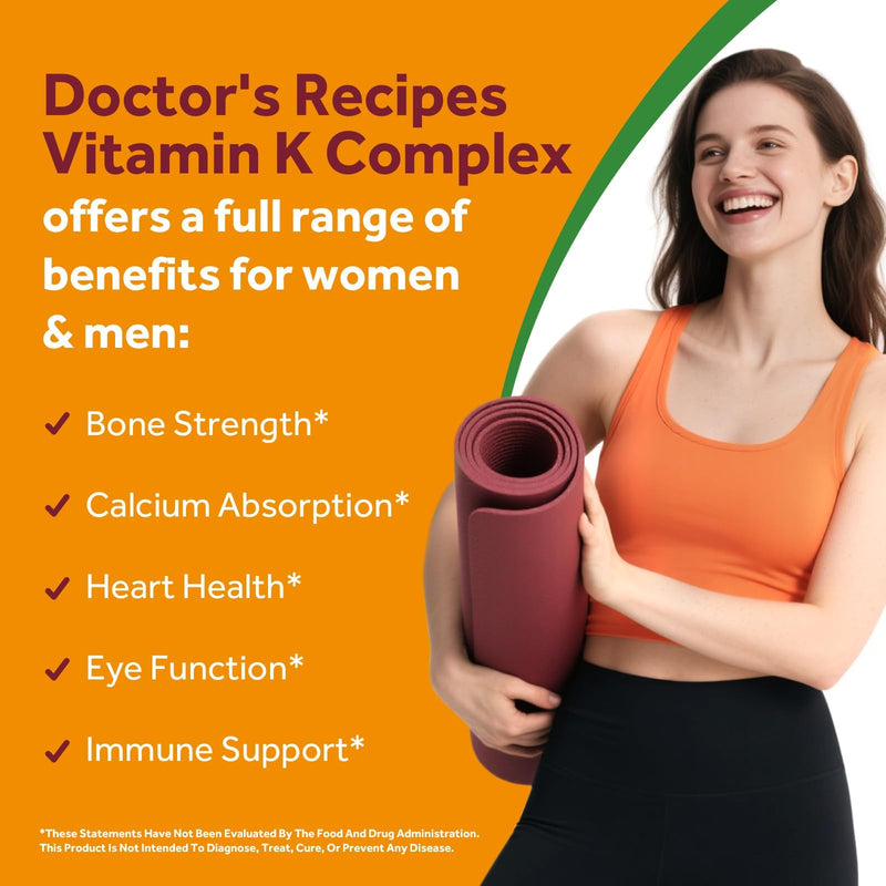 Doctor's Recipes Vitamin K with Vitamin A & D3, K1 + K2 (MK-7 & MK-4), 2,600mcg Per Serving, Enhanced Bioavailable Formula, Max Absorption, Heart & Bone Support, 60 Softgels