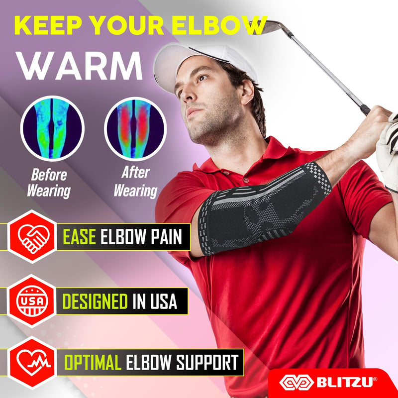 [Australia] - BLITZU 2 Pack Elbow Brace Support, Elbow Compression Sleeve Orthopedic Pain Relief for Golfer's, Tennis Elbow, Arthritis, Bursitis, Tendonitis Treatment, Workout, Fitness & Weightlifting. Black L Large 