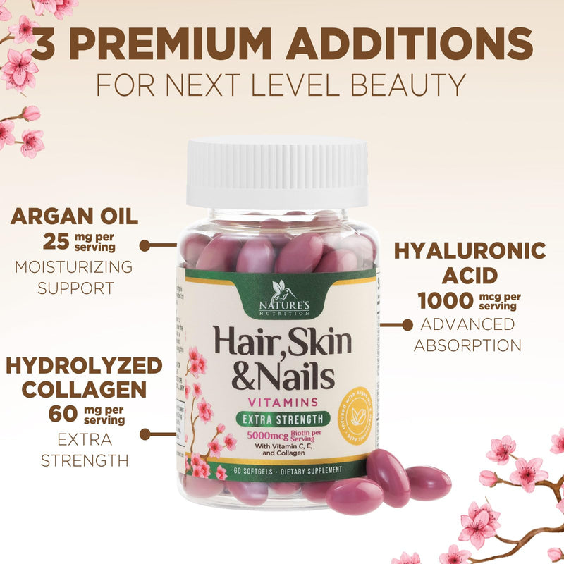 Hair Skin and Nails Vitamins for Hair Growth - Biotin 5000mcg Per Serving - Extra Strength Collagen, Argan Oil & Hyaluronic Acid - Best Beauty Supplement for Women & Men - USA Bottled - 60 Softgels 60 Count (Pack of 1)
