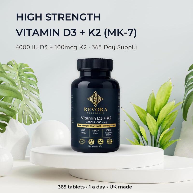 Vitamin D3 4000 IU + K2 MK7 100mcg Tablets, 1 Year Supply, 365 Tablets, High Strength Vitamin D3 K2 Supplement for Bone and Immune Support, 1 A Day, UK Made Vegetarian
