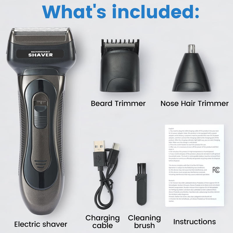 [Australia] - Electric Razor for Men, 3-in-1 Nose Hair Trimmer with Foil Face Shaver, Waterproof Wet & Dry Electric Razor for Smooth Skin with 60min Battery Runtime, USB-C Fast Rechargeable 
