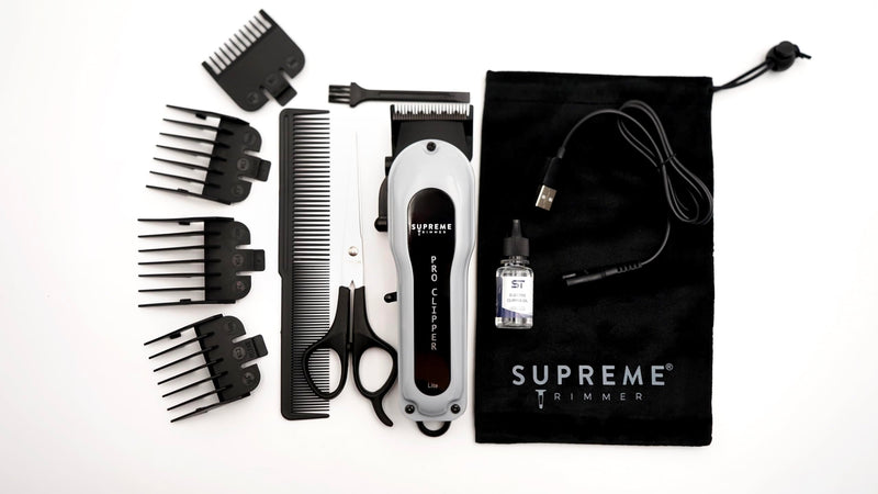 [Australia] - Supreme Trimmer Pro Clipper Lite | 210 Min Run Time Professional Hair Cutting Tool Set + Hair Comb, Scissors & Fade Blade | STC5000 Gray 