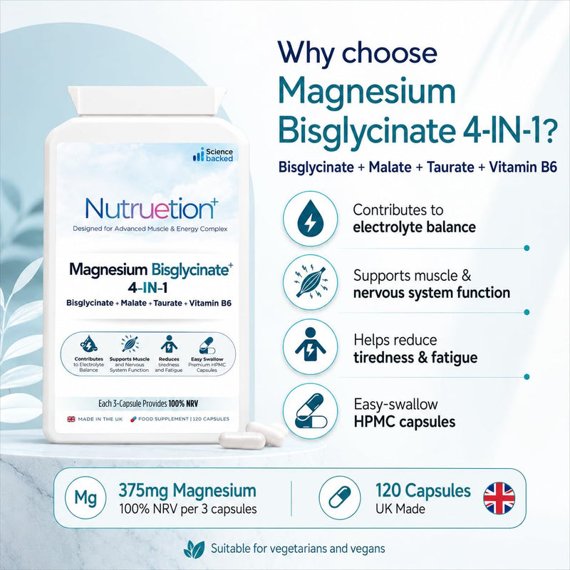 Magnesium Bisglycinate Complex 4-in-1 Supplement with Magnesium Malate, Taurate & Vitamin B6 | Muscle Function, Energy & Nervous System Support | 120 Vegan Capsules | UK Made