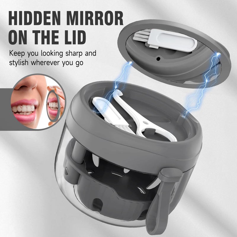 [Australia] - 2024 Upgraded Netceem Denture Cup, Leak Proof Denture Case, Retainer Cleaning Box, Complete Clean Care for Dentures,Night Guard & Retainers with Denture Brush,Strainer, Removal Tool and Mirror Black 