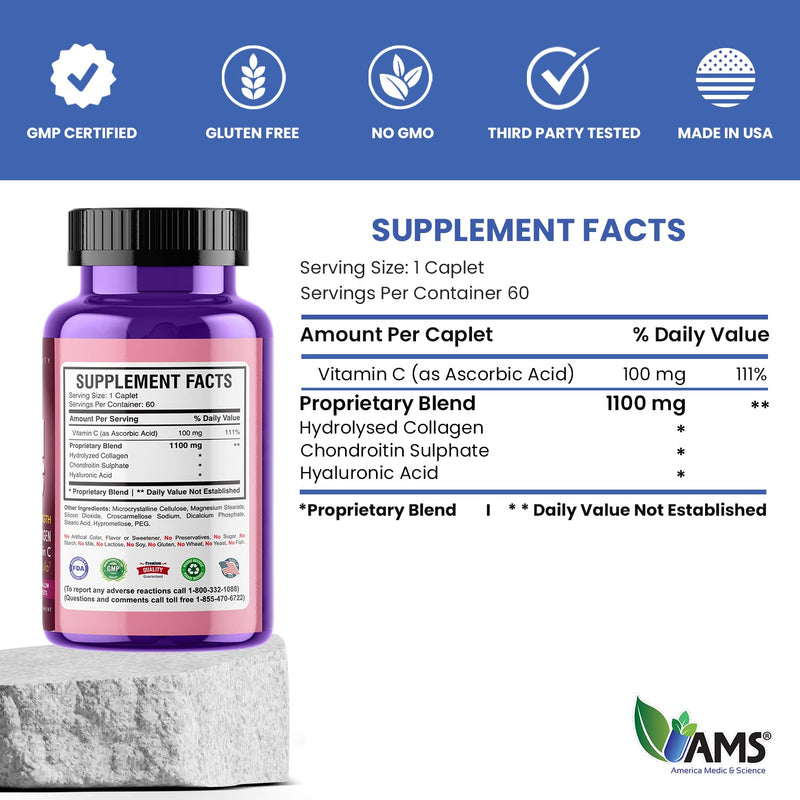 America Medic & Science Colla Caps (60 Caplets) | Collagen and Hyaluronic Acid Supplement with Vitamin C | for Men and Women | Repairs and Restores Skin Elasticity | Promotes Healthy Hair Growth 60 Count (Pack of 1)