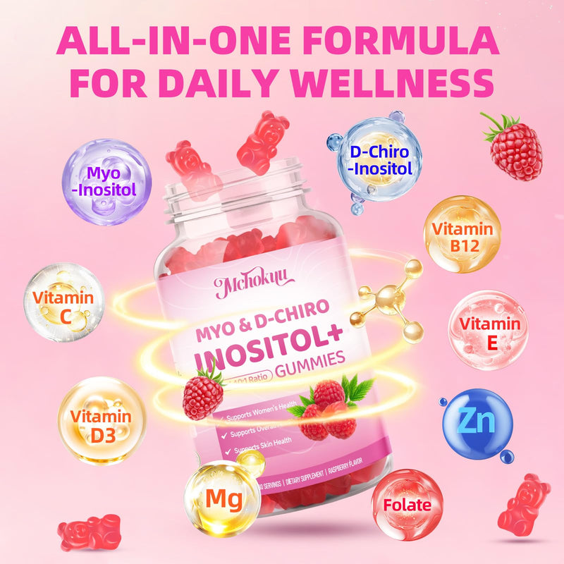 Myo-Inositol & D-Chiro Inositol Gummies, Ideal 40:1 Ratio Supplement for Women with Vitamin D3 & B12 for Support Hormonal Balance & Wellness, Sugar Free, Raspberry, 60 Count 60 Count (Pack of 1)