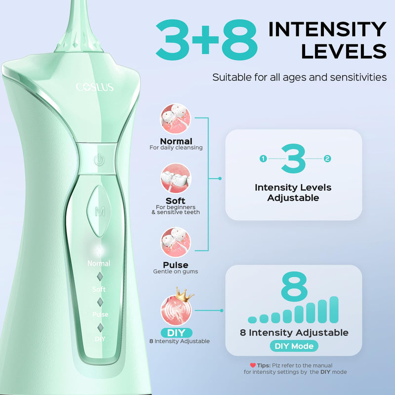 [Australia] - COSLUS Water Dental Flosser Pick for Teeth: 4 Modes Cordless Portable 300ML Larger Tank Water Teeth Cleaner IPX7 Waterproof Flossing Cleaning Picks for Home Travel Green C30(FC5360) 