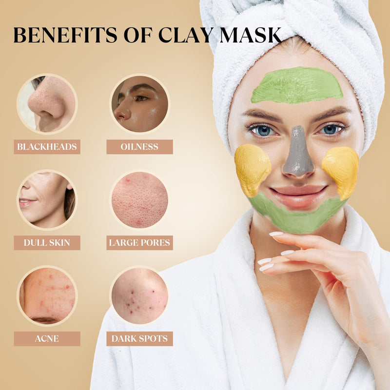 3 PCS Clay Mask Turmeric Vitamin C Dead Sea Mud Green Tea Face Mask 240g | Set with turmeric vitamin C, dead sea mud, and green tea masks to control oil, cleanse and reveal radiant glow. 2.82 oz each.