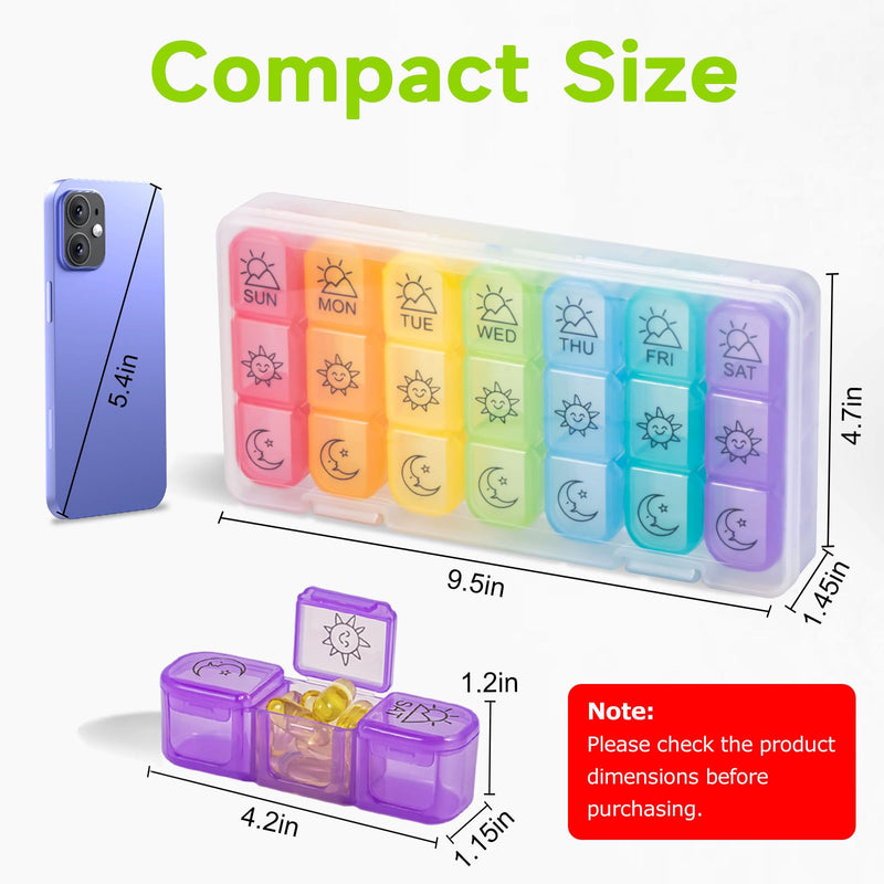 Large 7 Day Pill Organizer Weekly, Chrxbei Daily Medicine Container 3-Times-a-Day, Medication Holder for Vitamins, Fish Oils, Supplement, Deep Pills Planer for Elderly and Family - Morning Noon Night Rainbow 3 Times a Day
