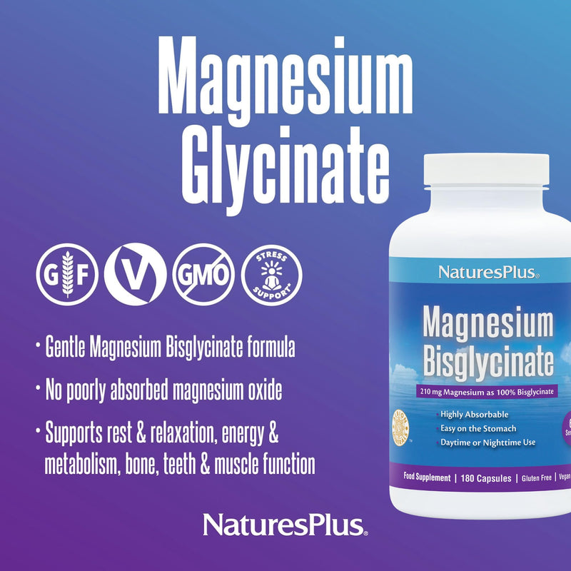NaturesPlus Magnesium Glycinate Capsules - Gentle Magnesium Supplement, Active Bisglycinate Form - Sleep, Relaxation, Stress Support - Vegan, Gluten Free - 180 Capsules