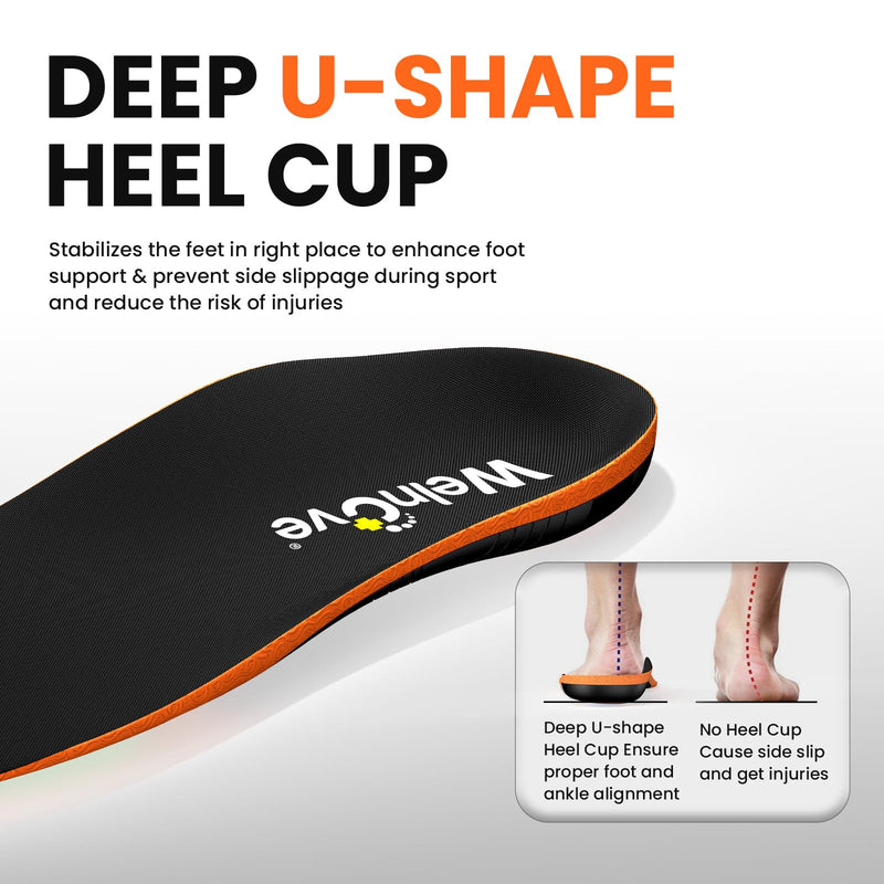 [Australia] - Work Insoles Fatigue Relief High Arch Support, Welnove Plantar Fasciitis Insoles Orthopedic Pain Relief for Long-Term Standing, Flat Feet, 220+ lbs Heavy Duty Men Women (M) Orange M (42-44) 
