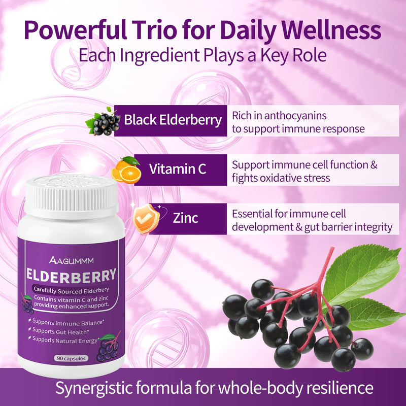 Organic Black Elderberry Capsules,Support Immune & Digestive Wellness | 3-in-1 Gut Support Complex with Zinc & Vitamin C,Non-GMO,Gluten Free,90 Capsules