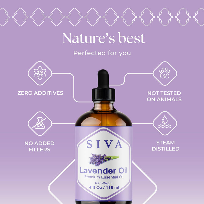 [Australia] - SIVA Lavender Essential Oil - 4 Fl Oz ‚Äì Natural Lavender Oil - for Diffuser, Face, Skin Care, Aromatherapy, Hair Care, Scalp and Body Massage - with Dropper 4 Fl Oz (Pack of 1) 