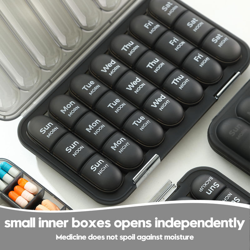 Moisture-Proof Weekly Pill Organizer, 3 Times a Day Large Capacity 7-Day Travel Pill Box with Labels, Double Protection Daily Medicine Container for Vitamins/Supplements - Black