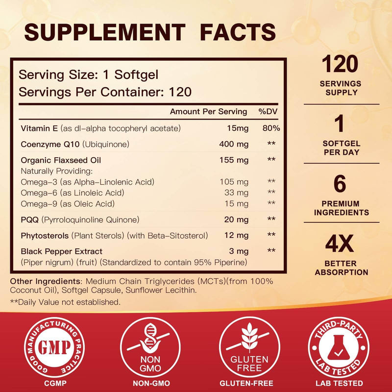 [Australia] - CoQ10 400mg SoftGels COQ10 - CQ10 Coenzyme Q10 Supplement, Plus PQQ, Omega 3, and Vitamin E, for Heart and Cellular Energy, 120 Servings 