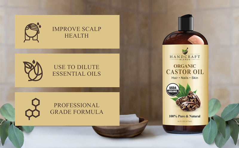 [Australia] - Handcraft Blends Organic Castor Oil - 16 Fl Oz - 100% Pure and Natural - Premium Grade Oil for Hair Growth, Eyelashes and Eyebrows - Carrier Oil - Hair and Body Oil - Expeller-Pressed and Hexane-Free Organic Castor 16 Fl Oz (Pack of 1) 