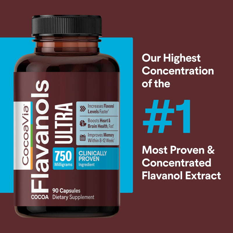 CocoaVia Ultra 750mg Cocoa Flavanols – Heart & Brain Support, Memory & Blood Circulation Booster, High Flavanol Cocoa for Nitric Oxide, Energy & Oxygen Boost, Vegan, Gluten-Free, 30-Day Supply 90 Count (Pack of 1)