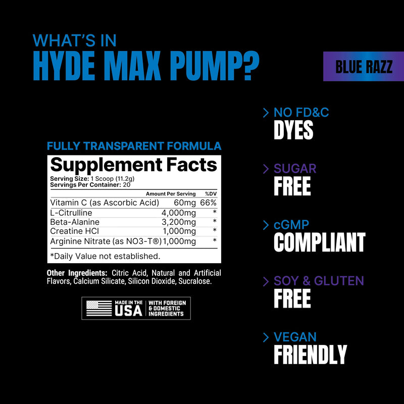 [Australia] - PROSUPPS Hyde Max Pump Pre Workout for Men and Women - Nitric Oxide Supplement for Pump and Endurance - Stimulant Free Pre Workout to Promote Blood Flow and Muscle Strength (Blue Razz, 20 Servings) 