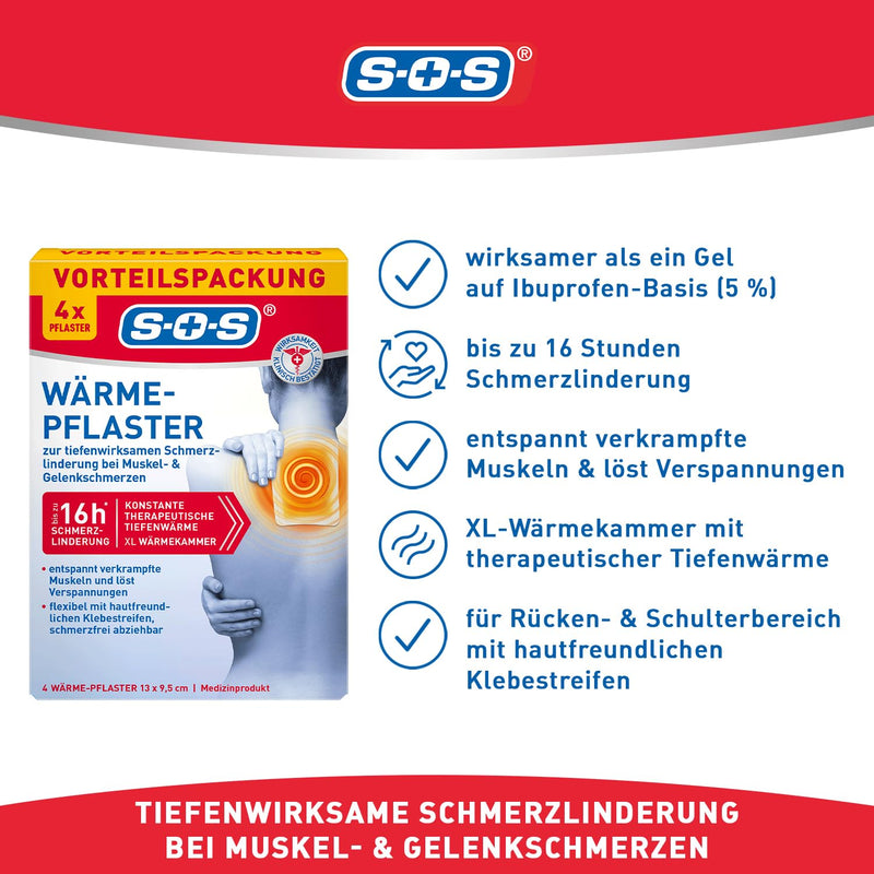 [Australia] - SOS heat plasters (4 pieces) - for muscle & joint pain | Heat patches for back, neck & shoulders | Release tension with 8 hours of deep heat 