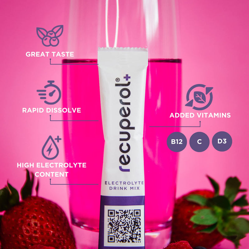Recuperol Electrolytes Sachets - Rehydration Electrolytes Powder with Zinc, Vitamin C, B12, D3 & Potassium for Hydration - Sugar Free, Vegan & Low Calorie - Mixed Berry 30 Pack
