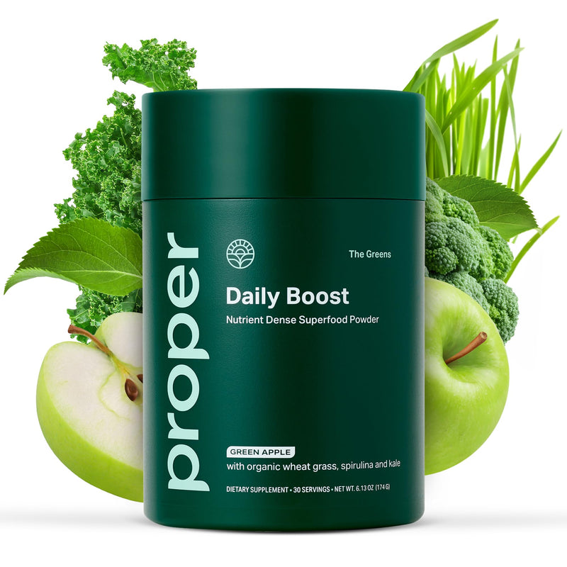 [Australia] - Proper, The Greens Daily Boost Organic Greens Powder. Whole Food, Apple Flavour Veggie Powder Superfood with Wheatgrass, Spirulina, Chlorella, Probiotics. Daily Drink Mix for Wellness and Digestion 30 Servings 