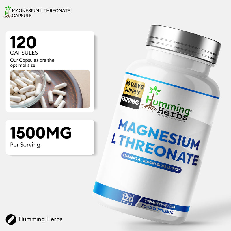Humming Herbs Magnesium L-Threonate Supplement 1500mg per Serving | Provides 120mg Elemental Magnesium (30% NRV) | 120 Vegan Capsules | 40 Day Supply