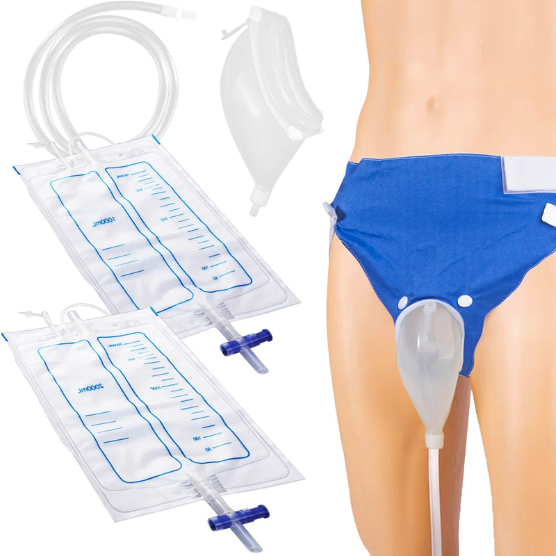 [Australia] - Wearable Urine Collection System with 1000ml & 2000ml Drainage Bags, Reusable Silicone Catheter, Soft Adjustable Cotton Pants for All-Day Comfort, Elderly Men Blue Elderly Male Blue 