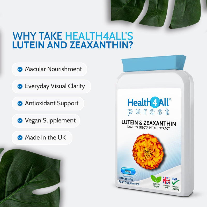 Health4All Lutein and Zeaxanthin Supplement 25mg per Capsule, 120 Capsules 4 Months Supply, Purest Eye Health Marigold Extract Supplement, Natural Eye Vitamins for Vision Care | Made in UK 120 count (Pack of 1)