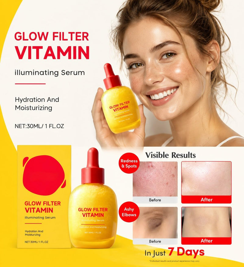 2PCS Glow Filter Vitamin Illuminating Serum | Hydration & Moisturizing Face Serum | Brightening Vitamin C & Hyaluronic Acid for Radiant Glow | Dark Spot & Uneven Tone Care, 1 Fl.Oz (30ml)