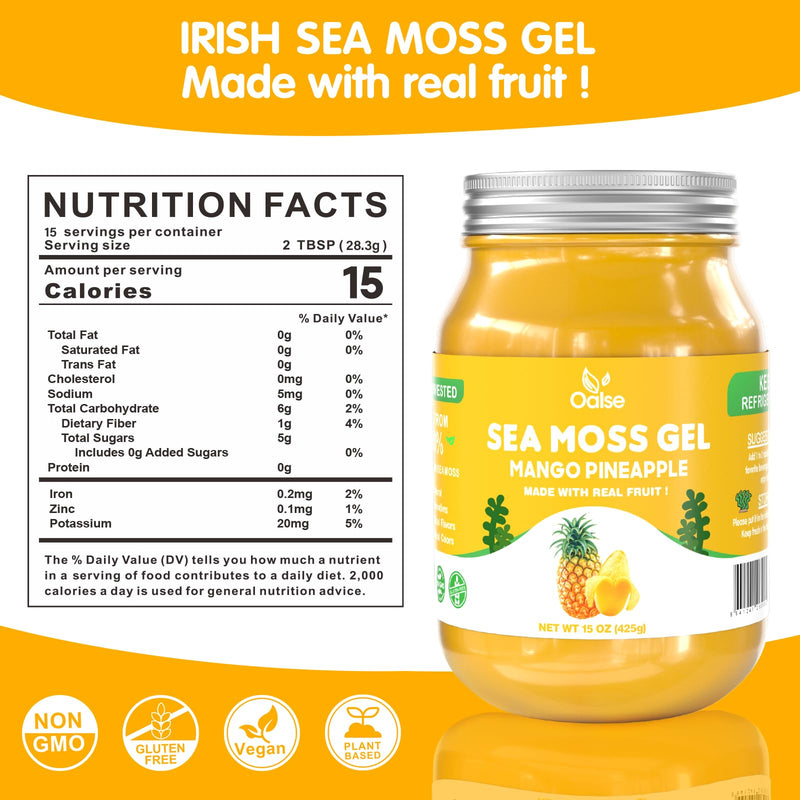Sea Moss Gel Mango Pineapple Flavor, Natural Raw Seamoss Gel, 15 OZ | with 92 Minerals and Vitamins, Non-GMO, Gluten-Free, Vegan 15 Ounce (Pack of 1)