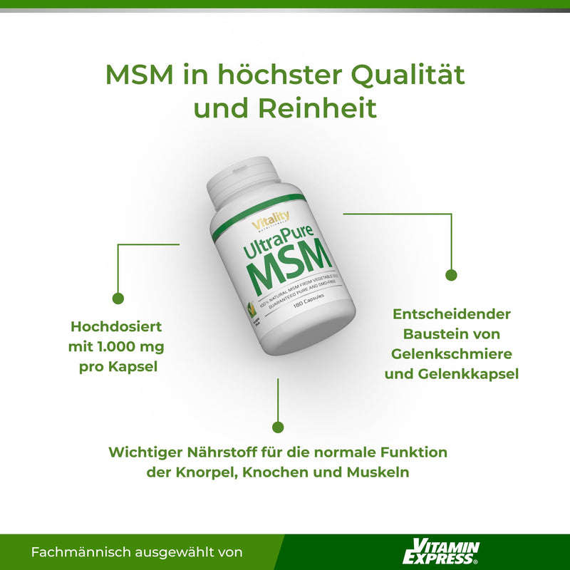 [Australia] - MSM high dose, Ultra Pure MSM capsules with 1000 mg methylsulfonylmethane, 180 capsules for 6 months, without unnecessary additives Vitality Nutritionals by VitaminExpress 