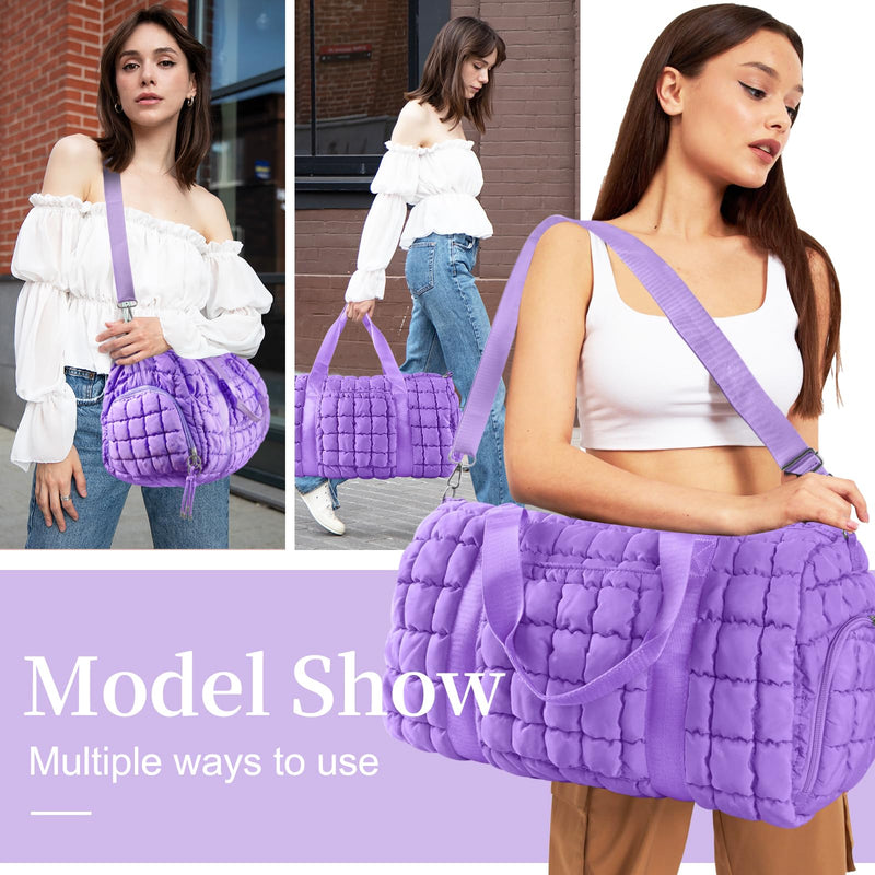 Quilted Travel Duffle Bag Gym Bag for Women,Large Puffer Duffle Weekender Bag with Compartment,Workout Overnight Carry on Organizer Bag Duffle Bag for Airplane Travel(Purple) Purple Medium