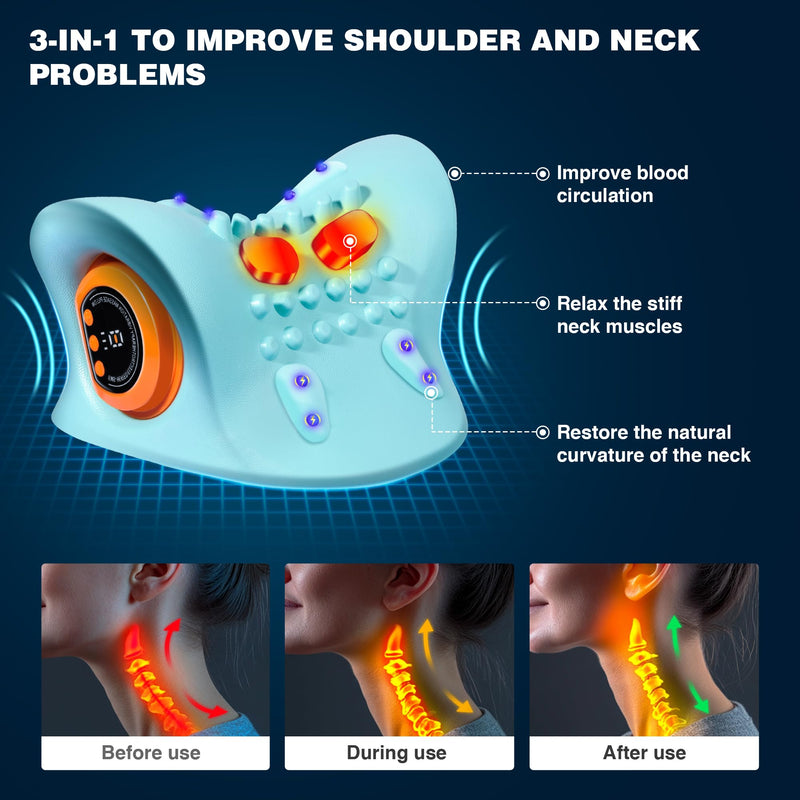 [Australia] - Neck Massager 2025, Neck and Shoulder Relaxer with Heat, 3 Modes, Portable Pillows for Pain Relief and Muscle Relax, 26¬∞ Angle Cervical Traction Device for Back, Shoulder Light Blue 