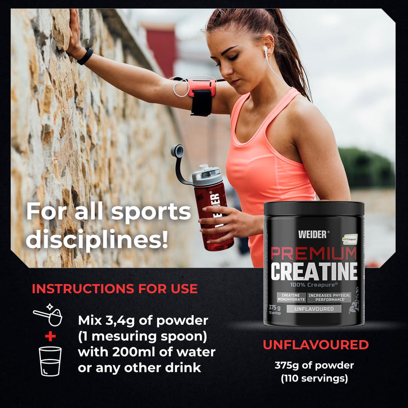 Weider Premium Creatine (375g) UnFlavoured. 100% Pure Creatine Monohydrate Creapure, No Sugar, no additives, Vegan, Increases Physical Performance (110 Servings)