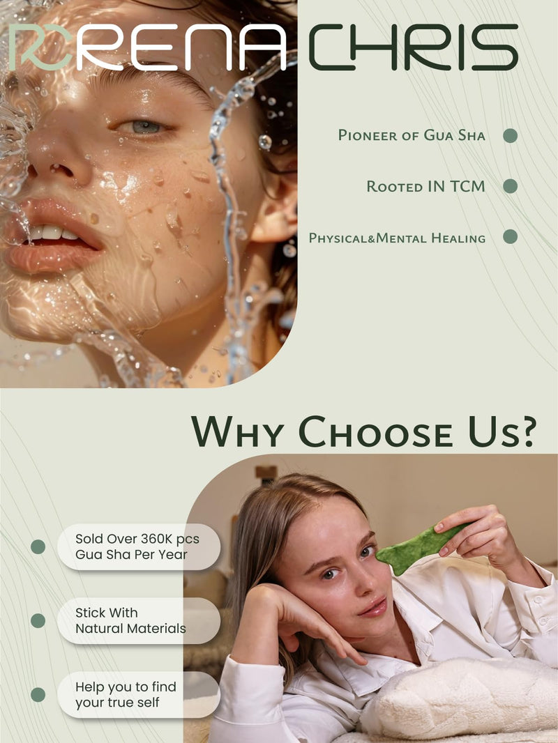 [Australia] - Rena Chris Natural Jade Gua Sha Facial Tools - Acupressure & Gua Sha for Face Massage, Jawline Sculpting, Puffiness Reduction, Skin Care Tool (Green) Green 