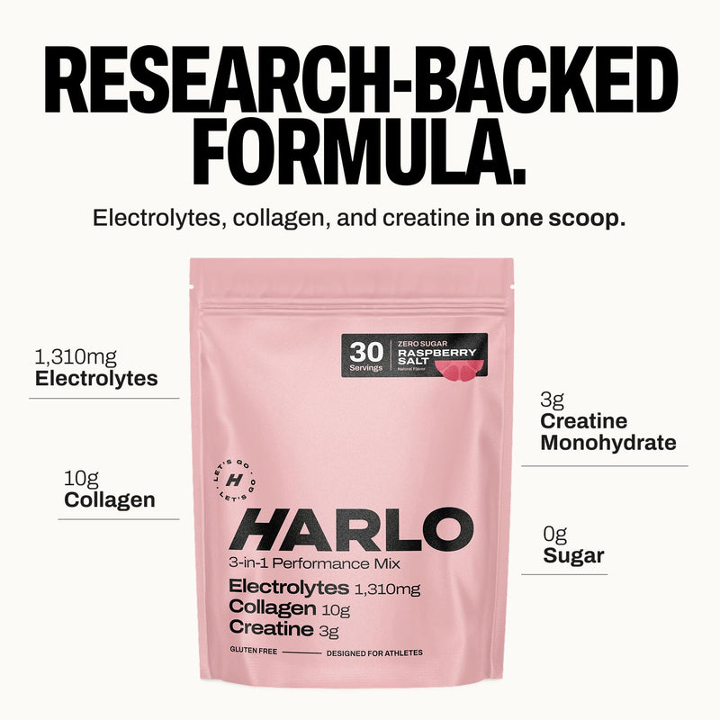 Harlo 3-in-1 Electrolytes Powder with Creatine & Collagen – Hydration, Muscle & Joint Support | Zero Sugar | 30 Servings (Raspberry) Raspberry