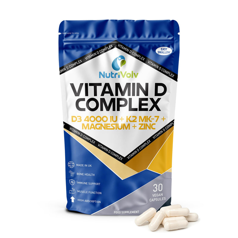 Vitamin D Complex | 30 Vegan Capsules | With Vegan D3 (4000IU), K2(MK-7), Magnesium Bisglycinate & Zinc Monomethionine | High Absorption | Bone, Muscle, Immune & Heart Support | UK Made | by NutriVolv