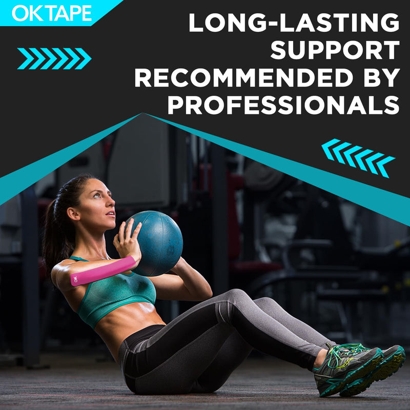 OK TAPE 4 Rolls Kinesiology Tape Precut, Cotton Elastic Athletic Tape Latex Free,20 Strips per Roll 2in x 16ft,Muscle Support,Pink Pink