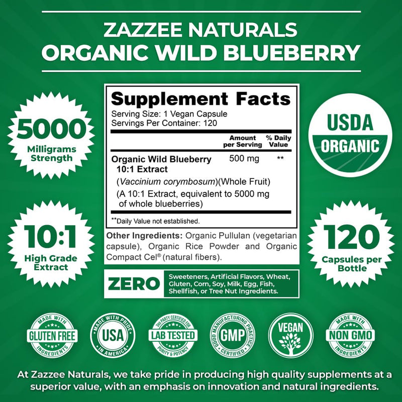 [Australia] - Zazzee USDA Organic Wild Blueberry 10:1 Extract, 5000 mg Strength, 120 Vegan Capsules, 4 Month Supply, Concentrated and Standardized 10X Whole Fruit Extract, 100% Vegetarian, All-Natural and Non-GMO 