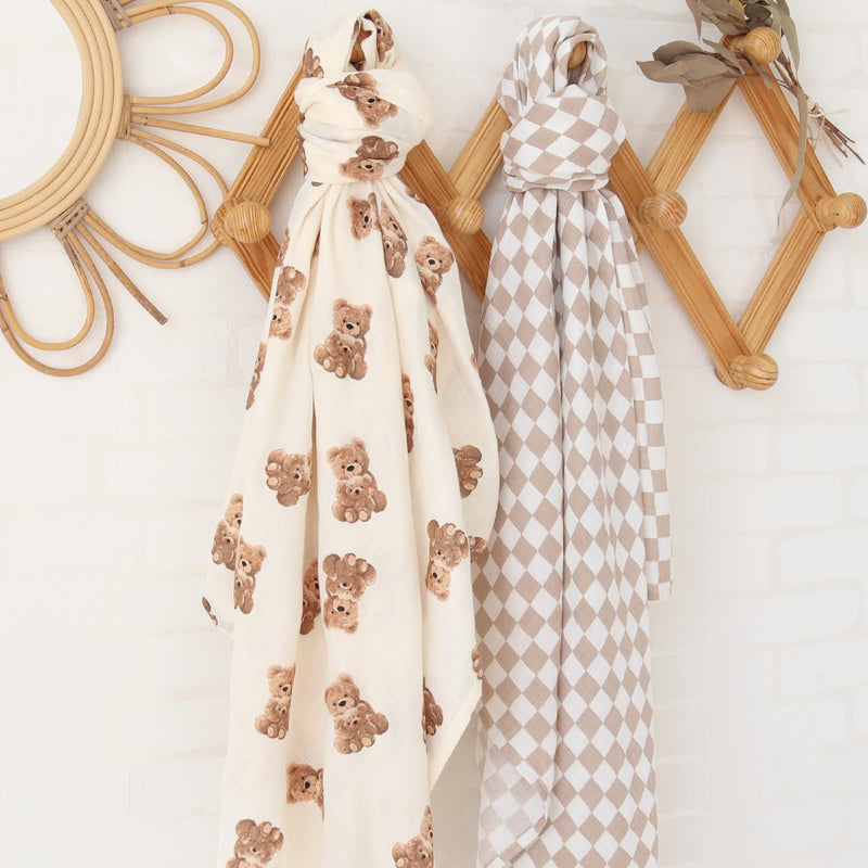 [Australia] - LifeTree Muslin Swaddle Blankets Neutral, Baby Swaddling Wrap Nursery Blanket for Boys & Girls Unisex, Soft 70% Viscose from Bamboo and 30% Cotton, Large 47 x 47 inches, Bear & Checkered Coffee 