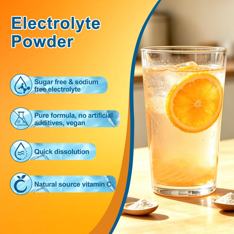 Sodium Free Electrolyte Powder with 1000mg Vitamin C Orange Flavor | Sugar Free 250g Vegan Keto Low Sodium Hydration Supplement for Adults & Kids, Gluten Free, Non-GMO, No Additives, Plant-Based
