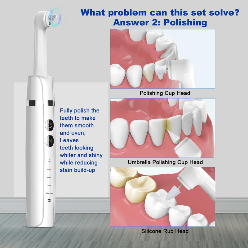 Tooth Polisher,Teeth Polishing Kit for Daily Cleaning,Polishing Then Whitening of Tooth (Professional Toothpaste Include),USB Rechargeable Dental Polisher with LED Light,6 Heads,5 Speed Modes White