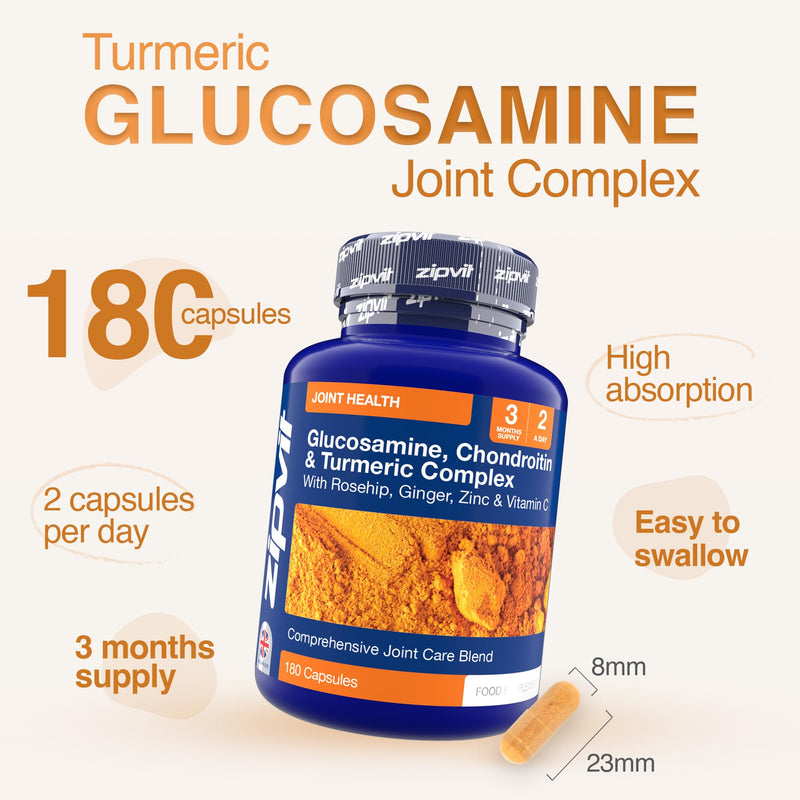 Zipvit Glucosamine and Chondroitin High Strength Turmeric Supplement with Vitamin C, Rosehip, Ginger & Zinc, 180 Capsules