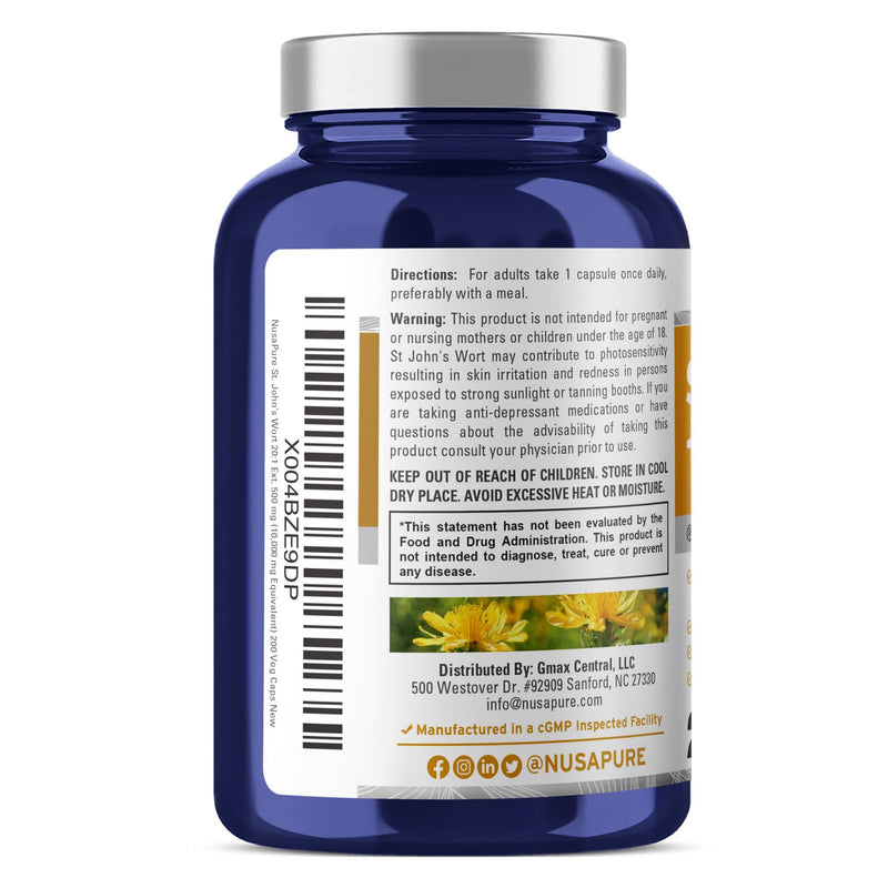 [Australia] - NusaPure St. John's Wort 10,000mg 200 Veggie Capsules (Vegetarian, Non-GMO) Bioperine 