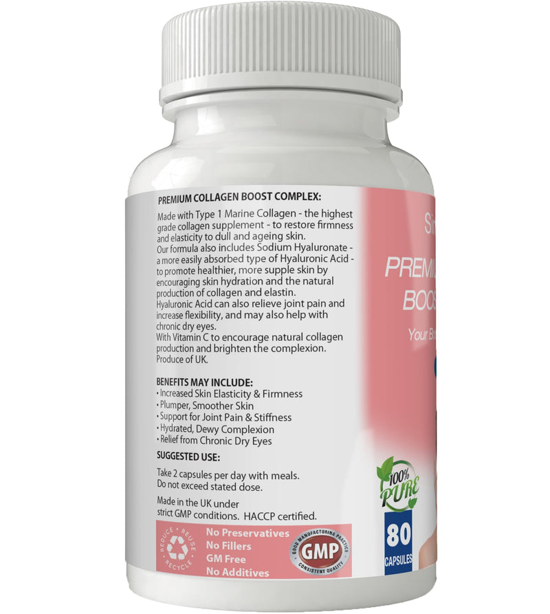 Premium Collagen Boost Complex for Skin & Joint Health | Type 1 Marine Collagen with Hyaluronic Acid & Vitamin C | 600mg Capsules x 80 | GM Free | Gluten Free